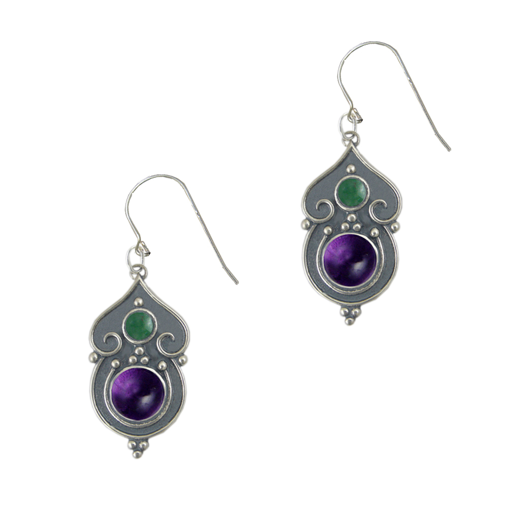 Sterling Silver Gothic Inspired Drop Dangle Earrings With Amethyst And Jade